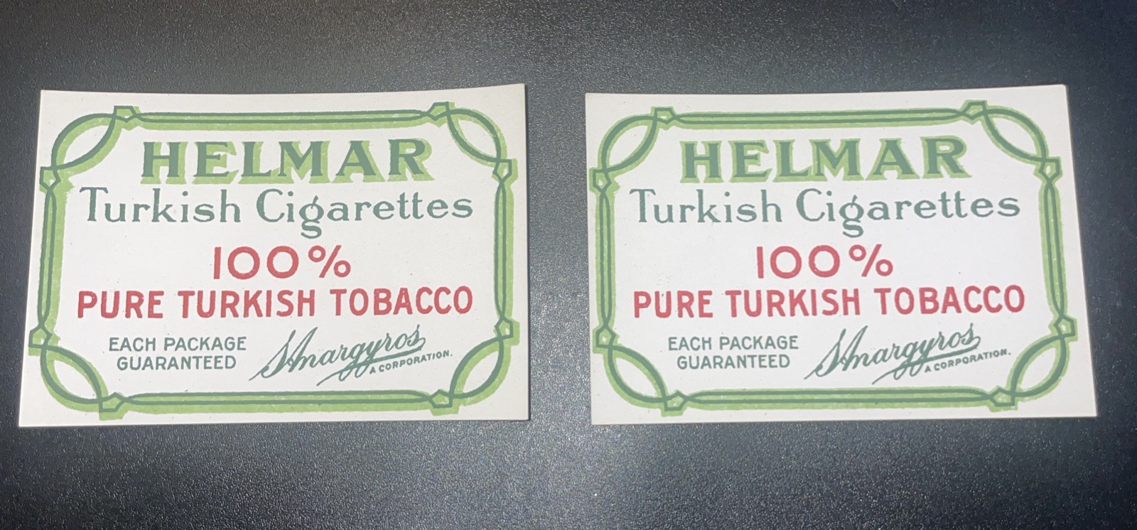 2 Antique “Helmar Turkish Cigarettes” Unused Labels NOS Pure Turkish Tobacco