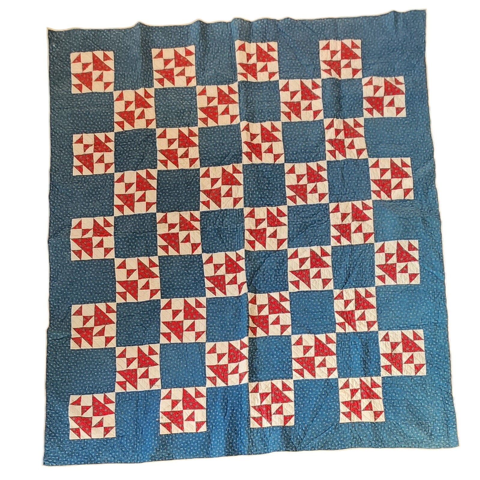 Antique American Quilt 1800s Old Maid's Puzzle Cotton Indigo Turkey Red Checker