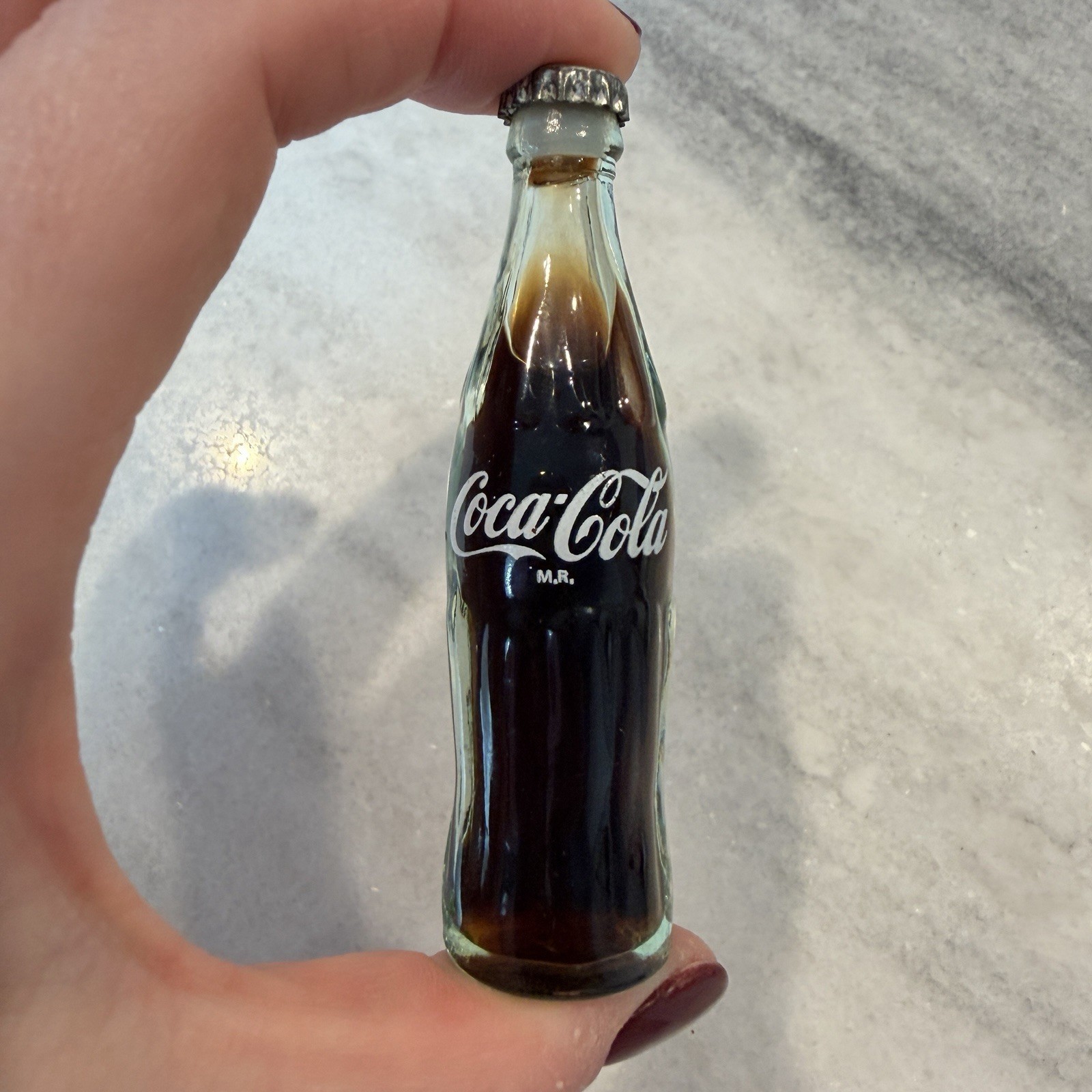 Vintage Coca-Cola Coke Miniature Glass Bottle, 3” Full Real Liquid