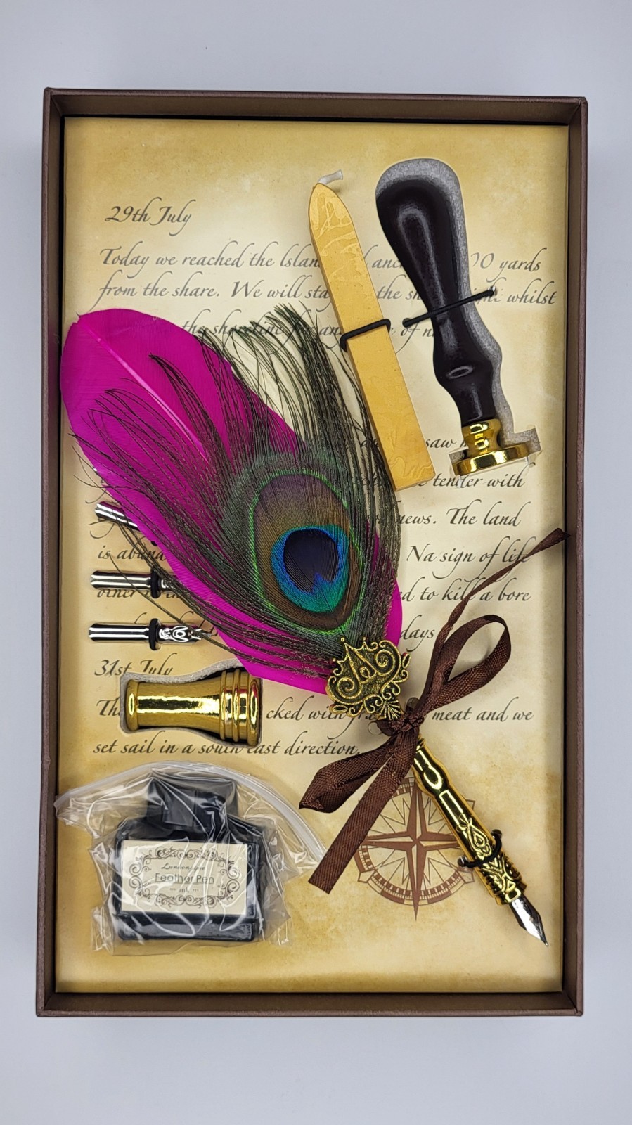 Vintage Steampunk Inspired Peacock & Pink Feather Brass Dip Pen Set Wax Seal Vintage Steampunk Inspired Peacock & Pink Feather Brass Dip Pen Set Wax Seal
