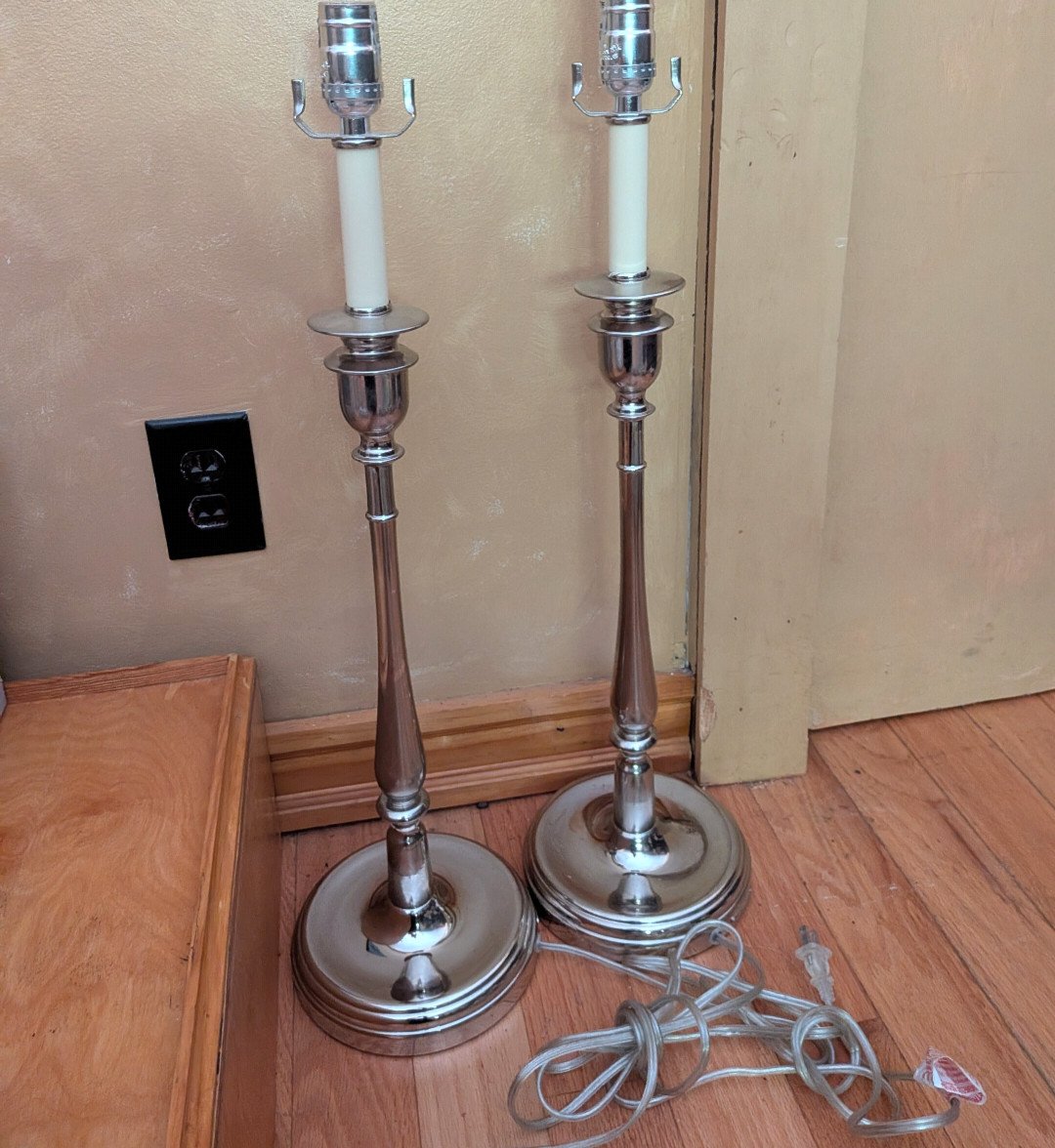 A pair of Ralph Lauren Chrome Victorian Candlestick Table Lamps t A pair of Ralph Lauren Chrome Victorian Candlestick Table Lamps t