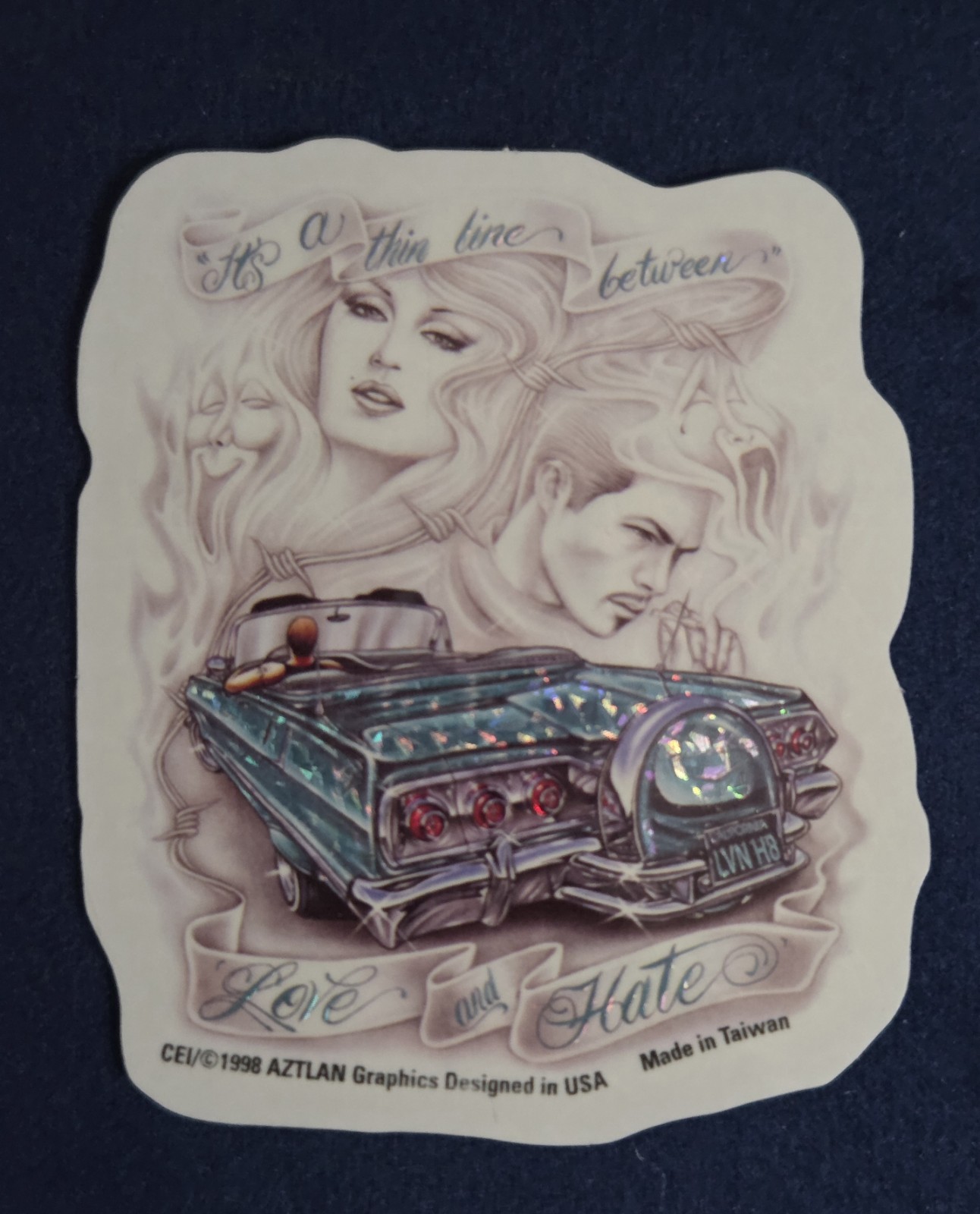 Vintage 1998 CEI Aztlan “Thin Line Love & Hate” Lowrider Vending Machine Sticker Vintage 1998 CEI Aztlan “Thin Line Love & Hate” Lowrider Vending Machine Sticker