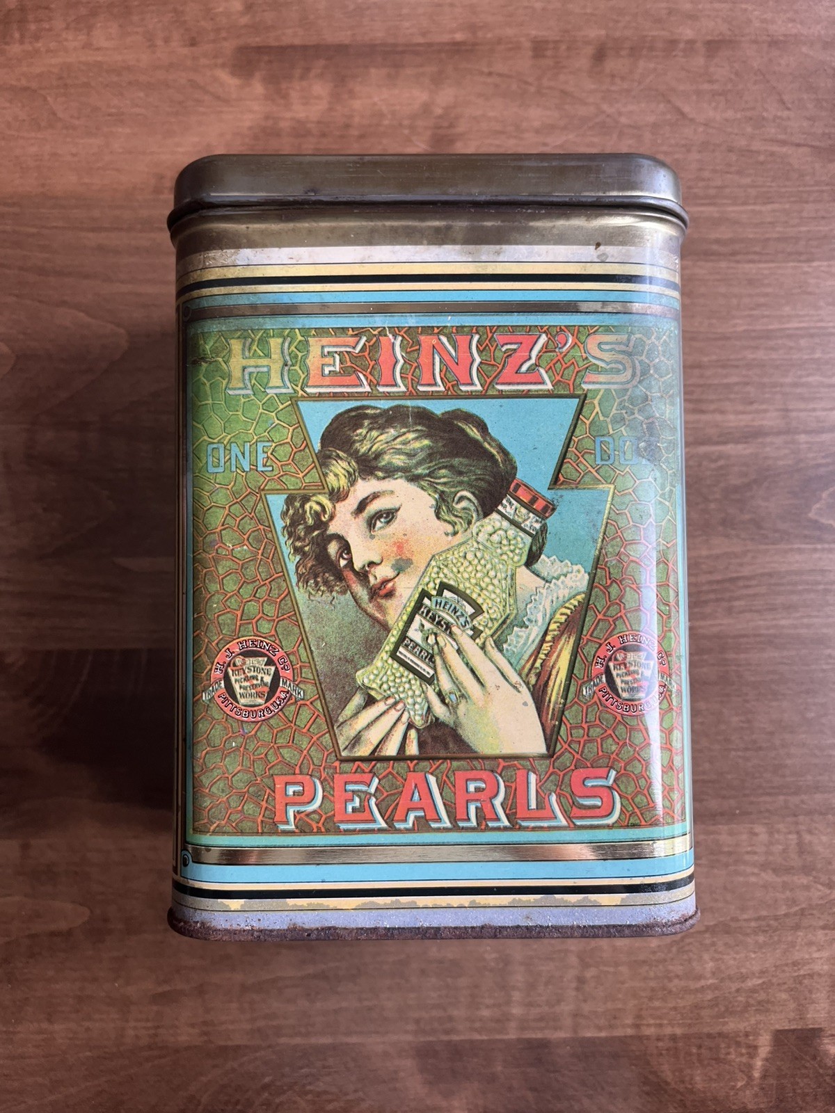 Vintage Heinz Metal Cannister Tin One Dozen Pearls Keystone Pickling USA Vintage Heinz Metal Cannister Tin One Dozen Pearls Keystone Pickling USA