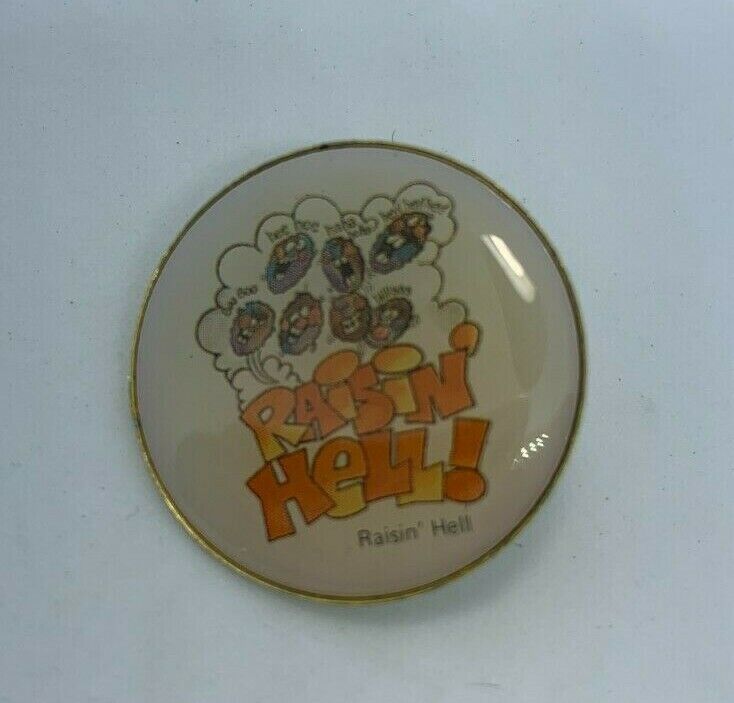Vintage Raisin' Hell Lapel Pin Button Funny Cartoon Funny Novelty Raisins 