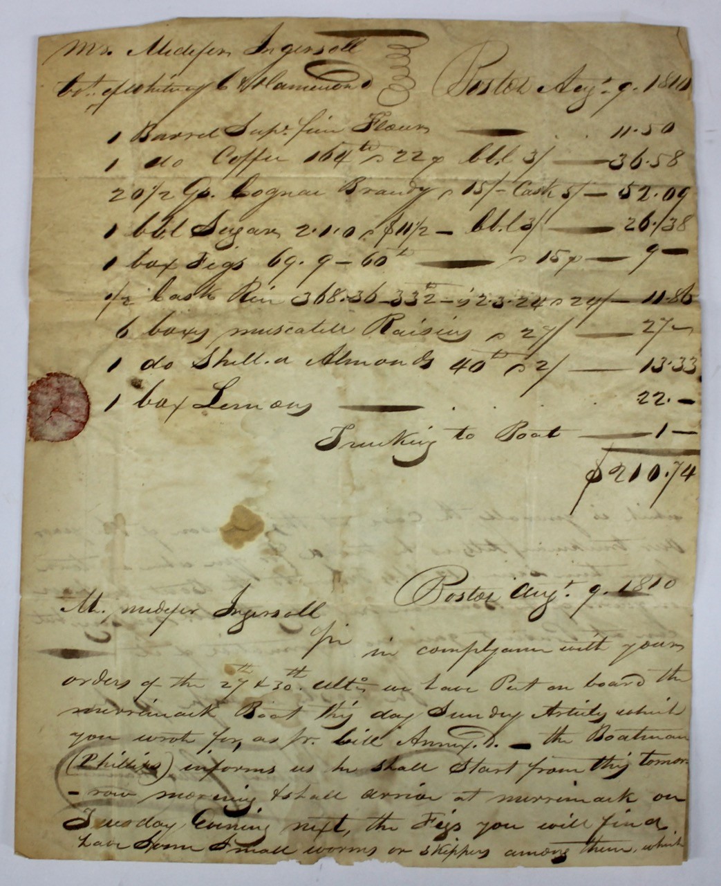 Original 1810 Boston Maritime Merchant Shipping Invoice & Letter to Hanover, NH Original 1810 Boston Maritime Merchant Shipping Invoice & Letter to Hanover, NH