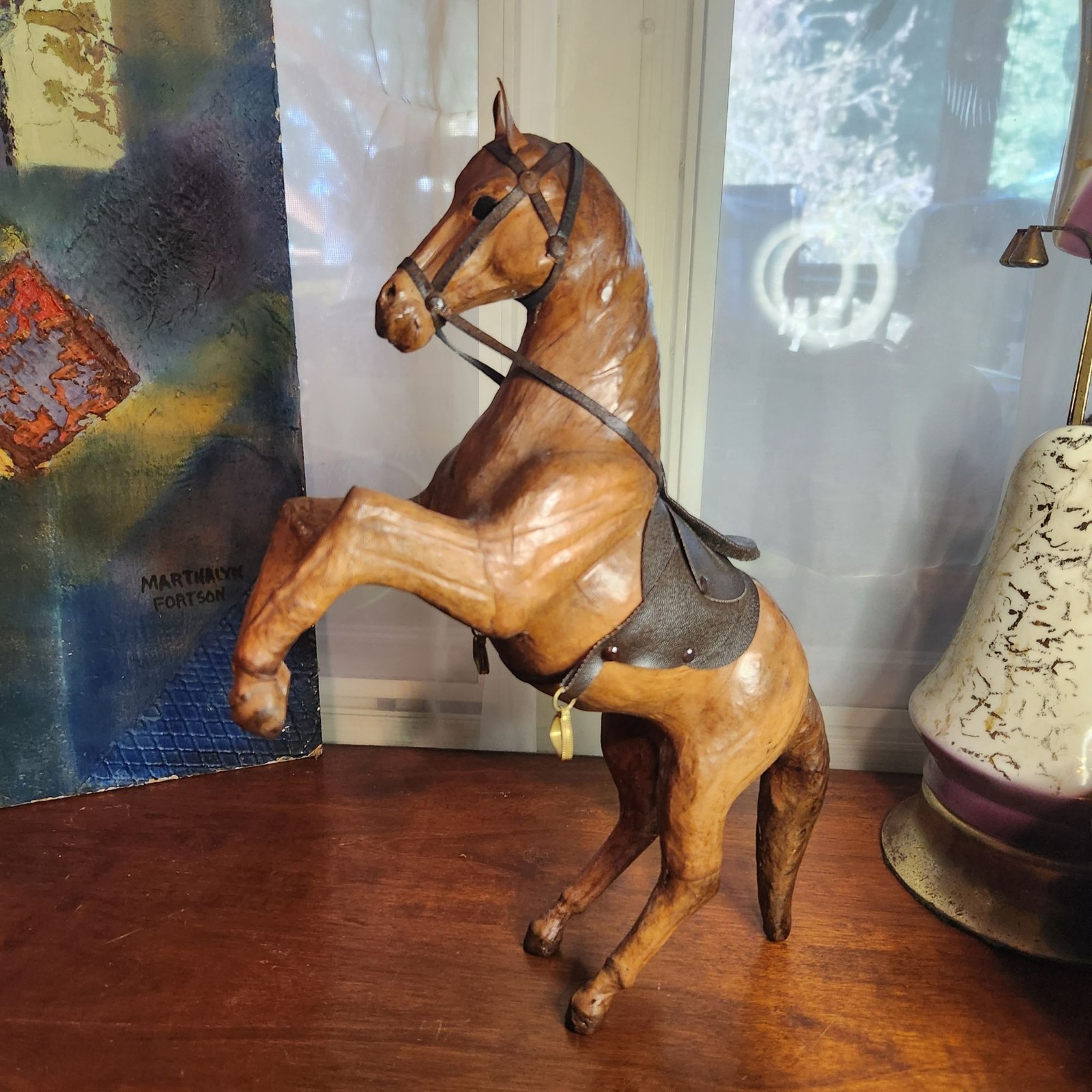 Vintage MCM Hand-made Leather raped Horse Figurine Saddle and Bridle 15" H, 15" Vintage MCM Hand-made Leather raped Horse Figurine Saddle and Bridle 15" H, 15"
