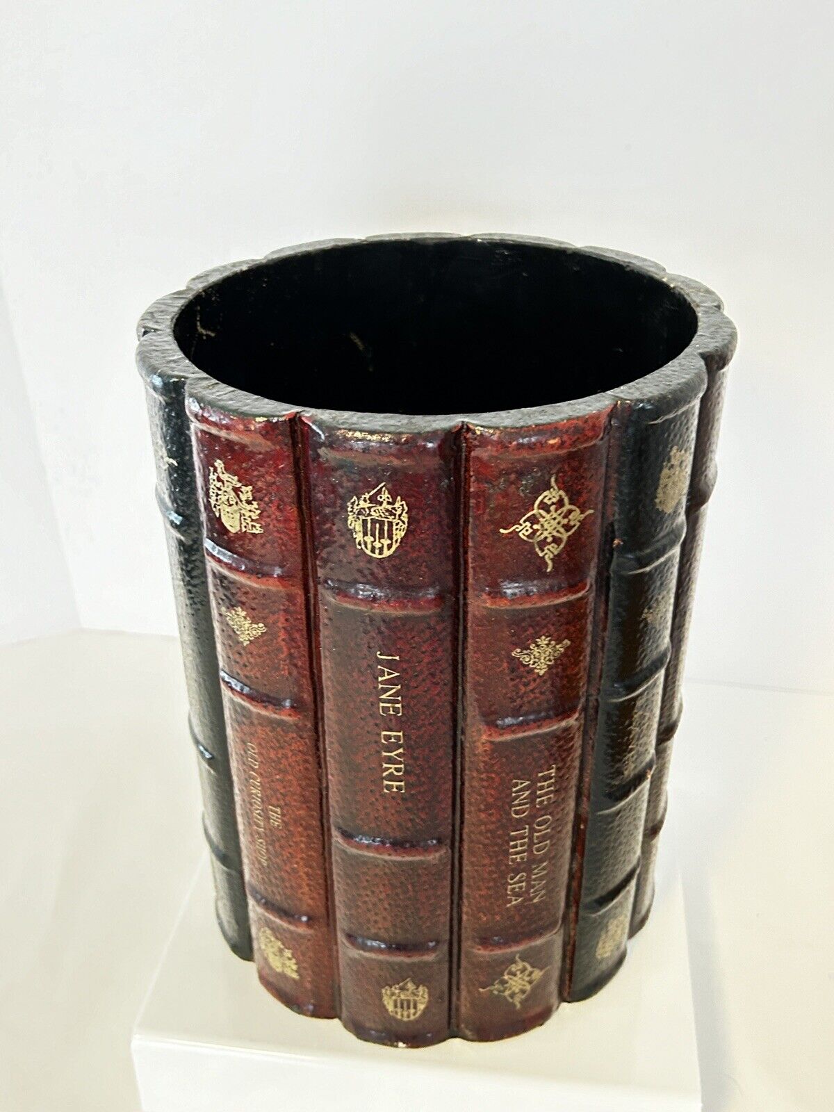 Maitland Smith Tooled Leather and Wood Waste Basket Decorative Book Spine