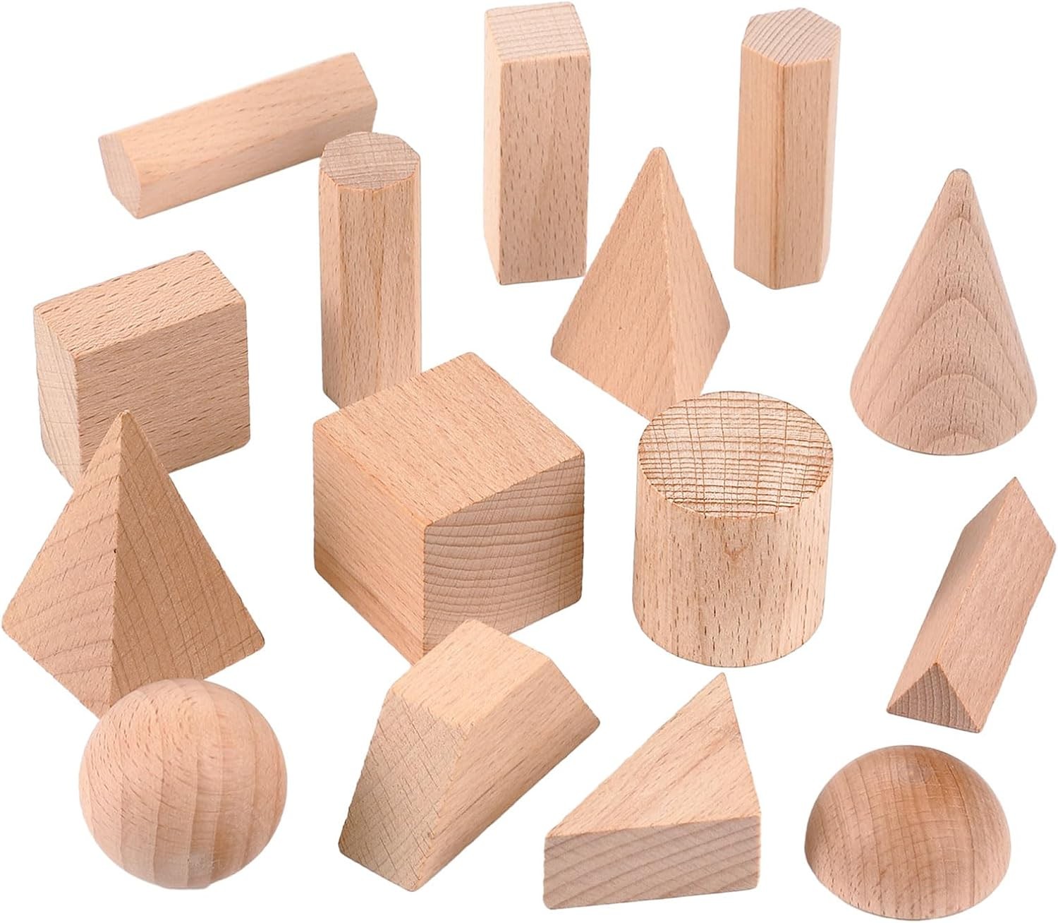 15 Pcs 3D Shapes Geometric Solids Wooden Shapes Large Size Burlywood Color
