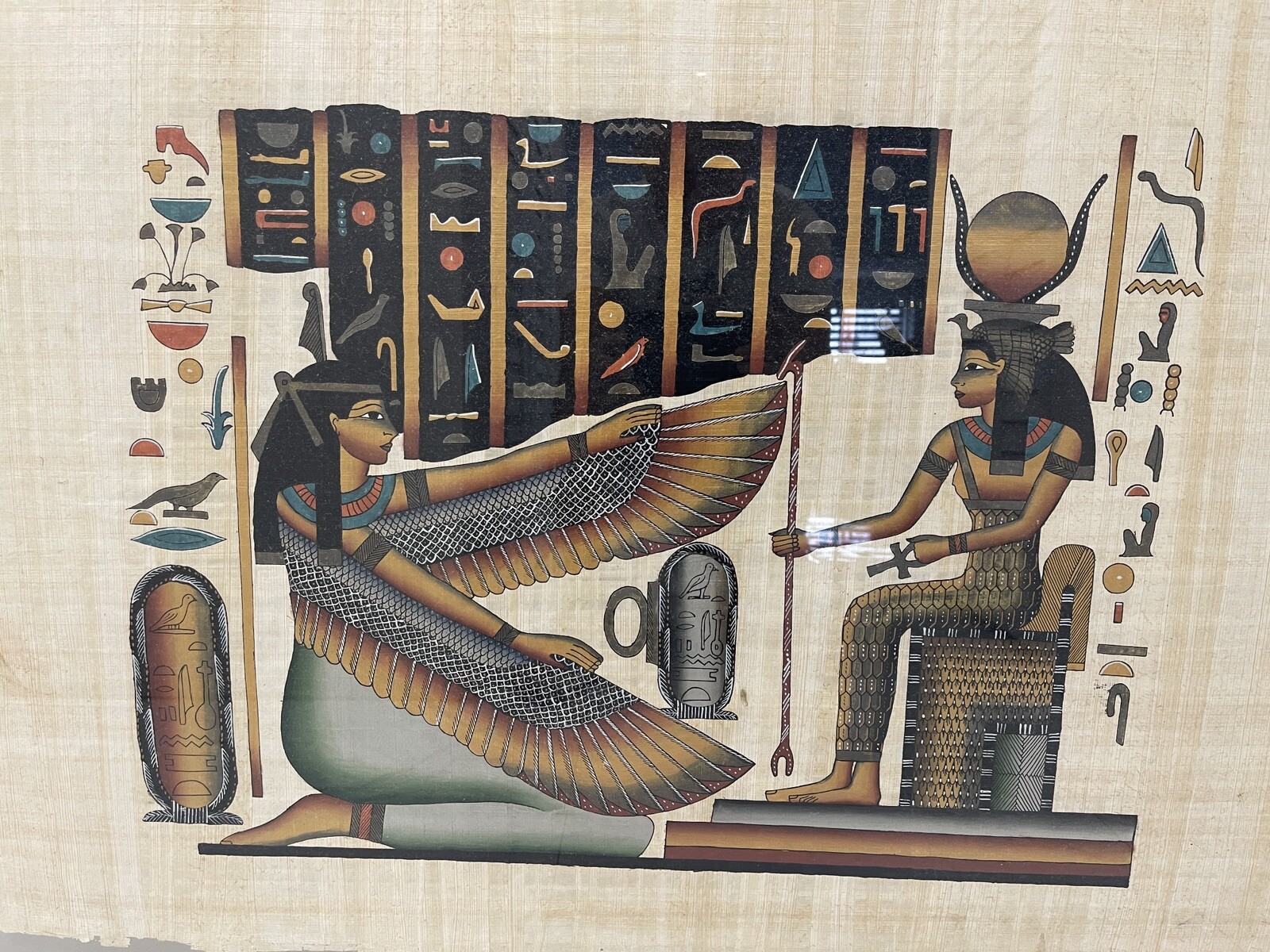 Large Framed Art Painting Egyptian Papyrus. 43.5"x32.5" Large Framed Art Painting Egyptian Papyrus. 43.5"x32.5"