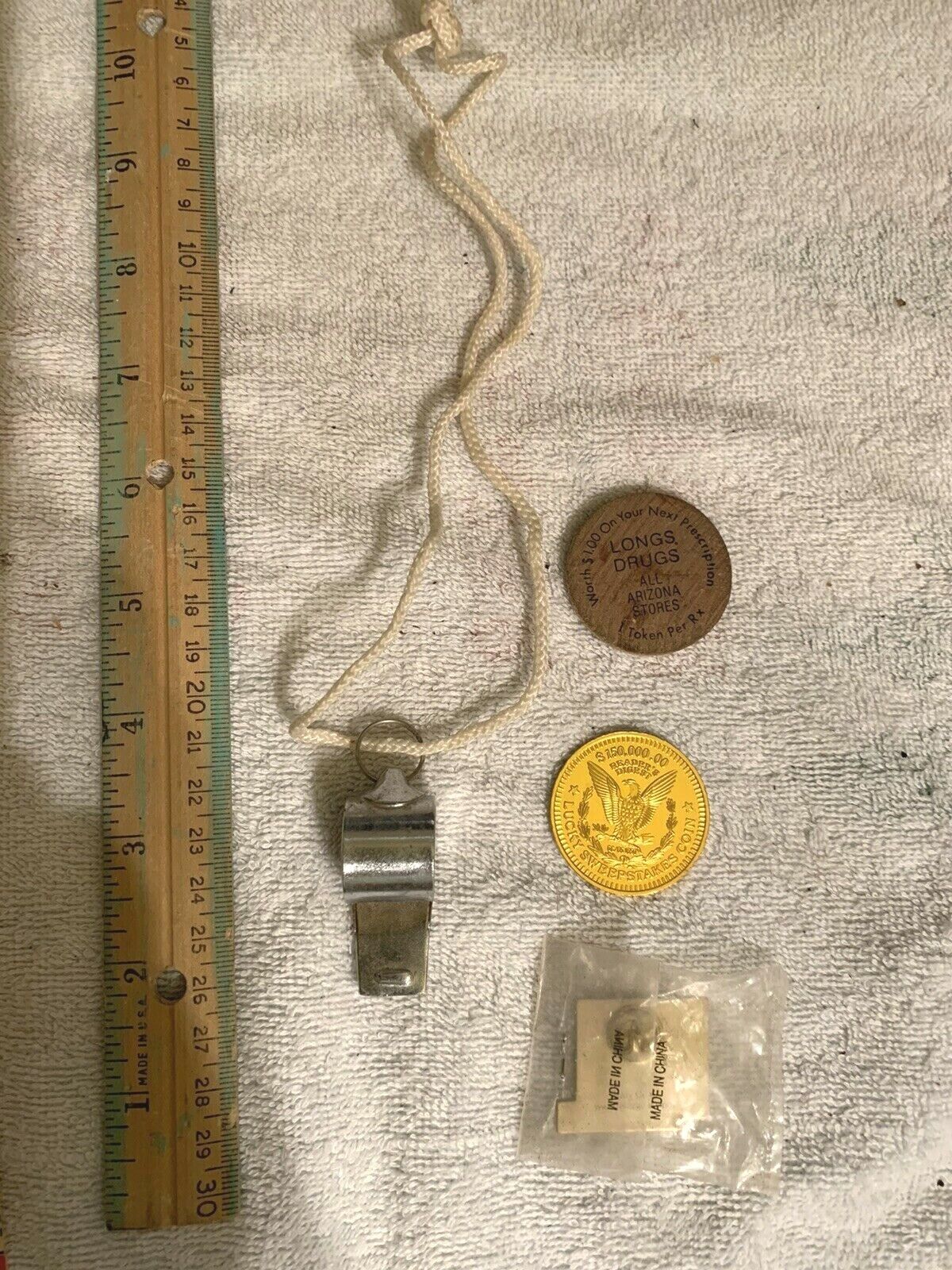 Whistle Readers Digest Coin Long’s Wooden Nickel And Caregiver Pin vintage 