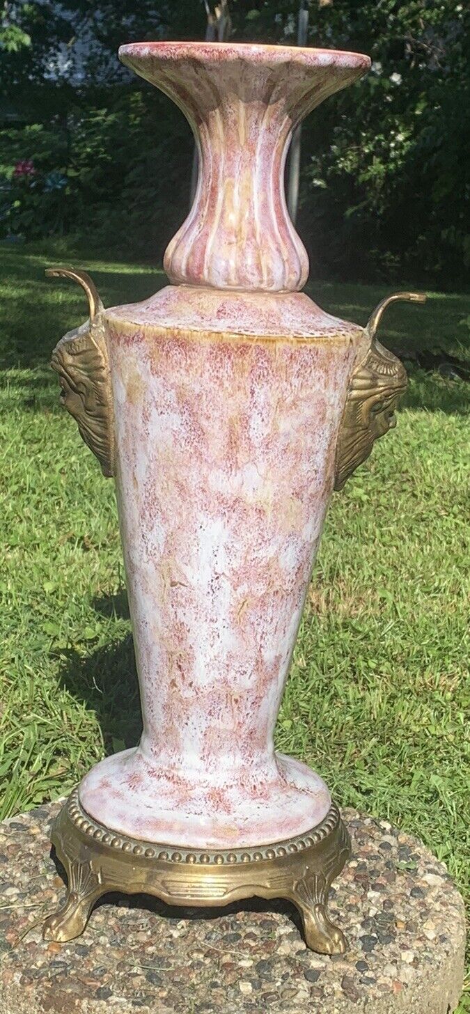 Vintage Large 18in glazed porcelain Vase With Brass Feet And Handles