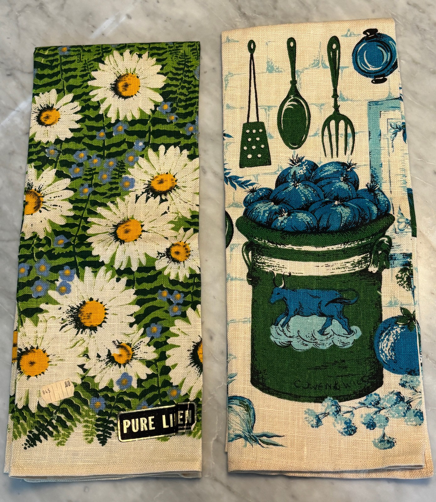 Set 2 MCM Vintage Pure Linen Tea Towels Cowen & Wilco Daisy Kitchen 60s 70s