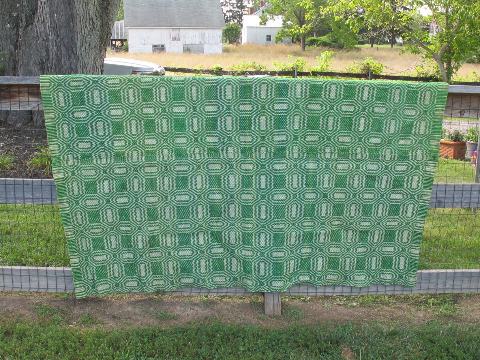 Antique Red Green & White Jacquard Woven Wool Coverlet 54" x 84" Homespun