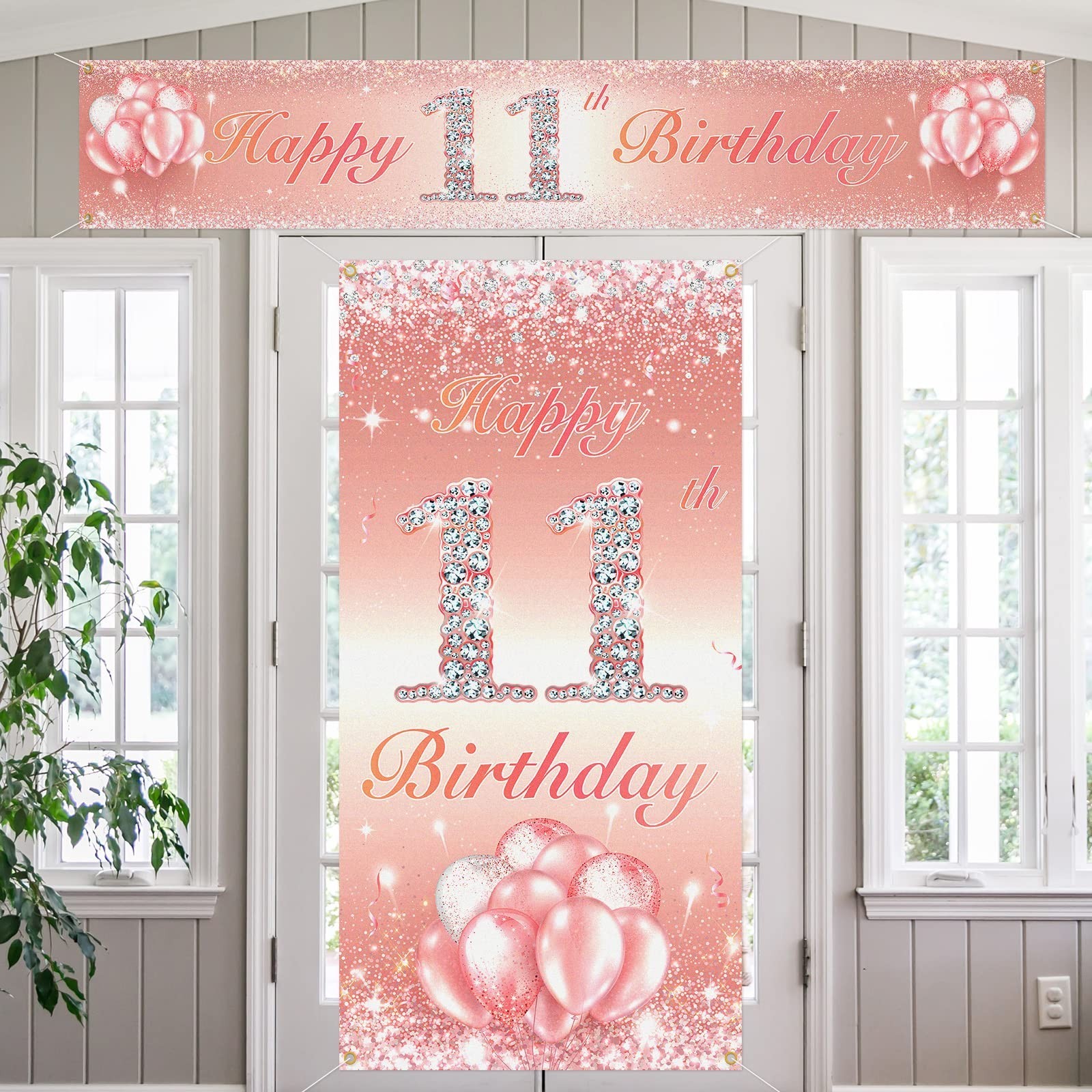 Happy 11th Birthday Door Cover Porch Long Banner Sign Set 11 Years Old Birthd...