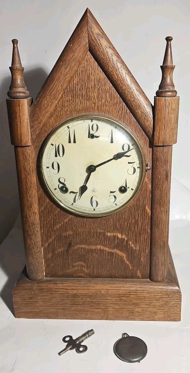 Antique Wooden Cathedral Clock Mantel W.M. L. GILBERT Clock Co USA W/ Key Antique Wooden Cathedral Clock Mantel W.M. L. GILBERT Clock Co USA W/ Key