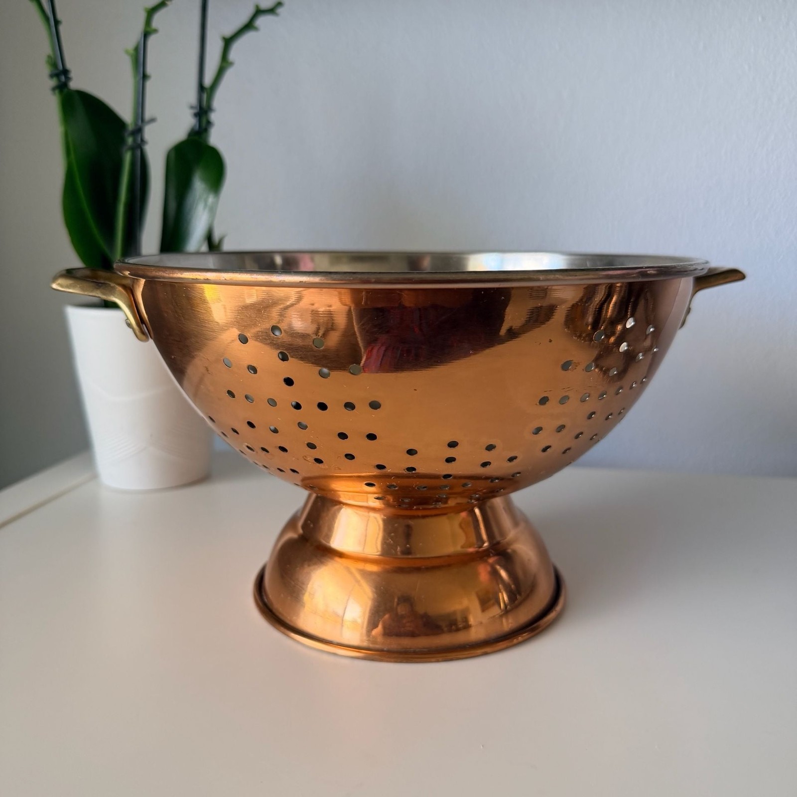 Vintage Copper Footed Colander Strainer With Brass Handles Vintage Copper Footed Colander Strainer With Brass Handles