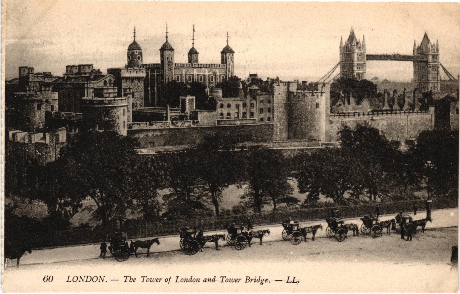 Antique London Tower of London Tower Bridge Horse Carriages Unused Postcard LL Antique London Tower of London Tower Bridge Horse Carriages Unused Postcard LL