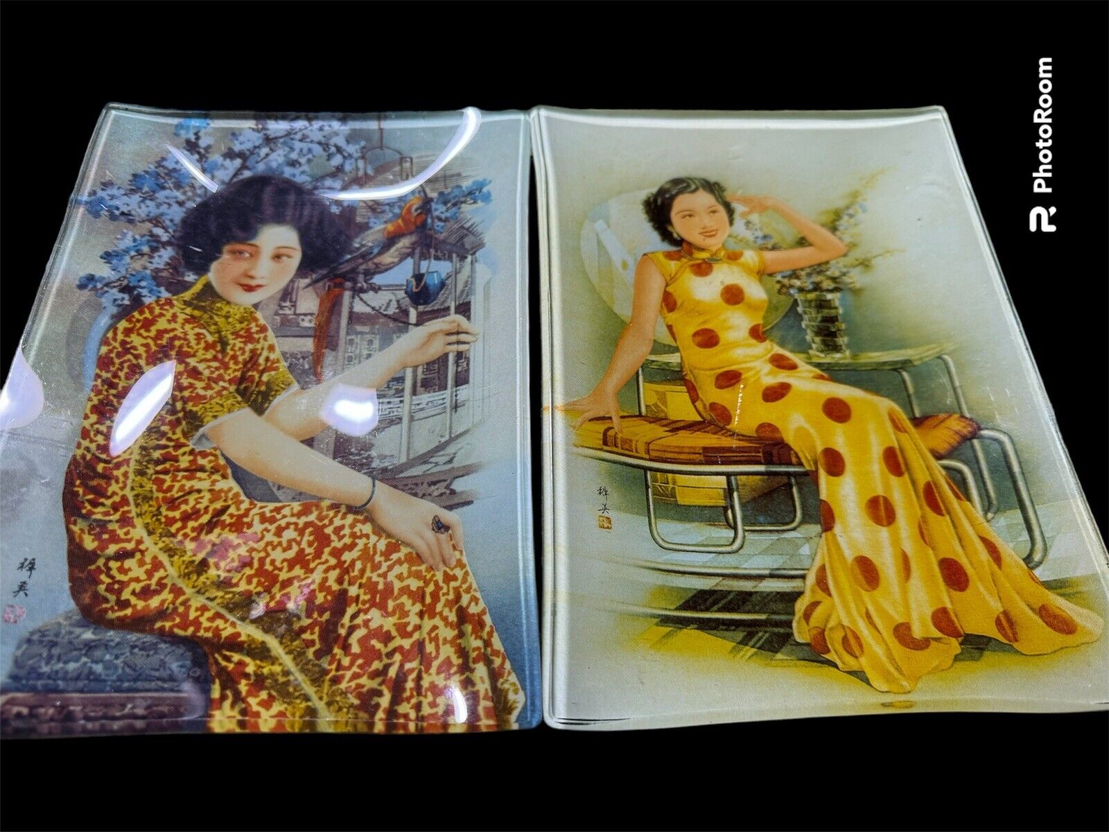 Set of 2 Vintage 1930's Style Chinese Pin Up Girls Mia Decal Glass Plates/Trays