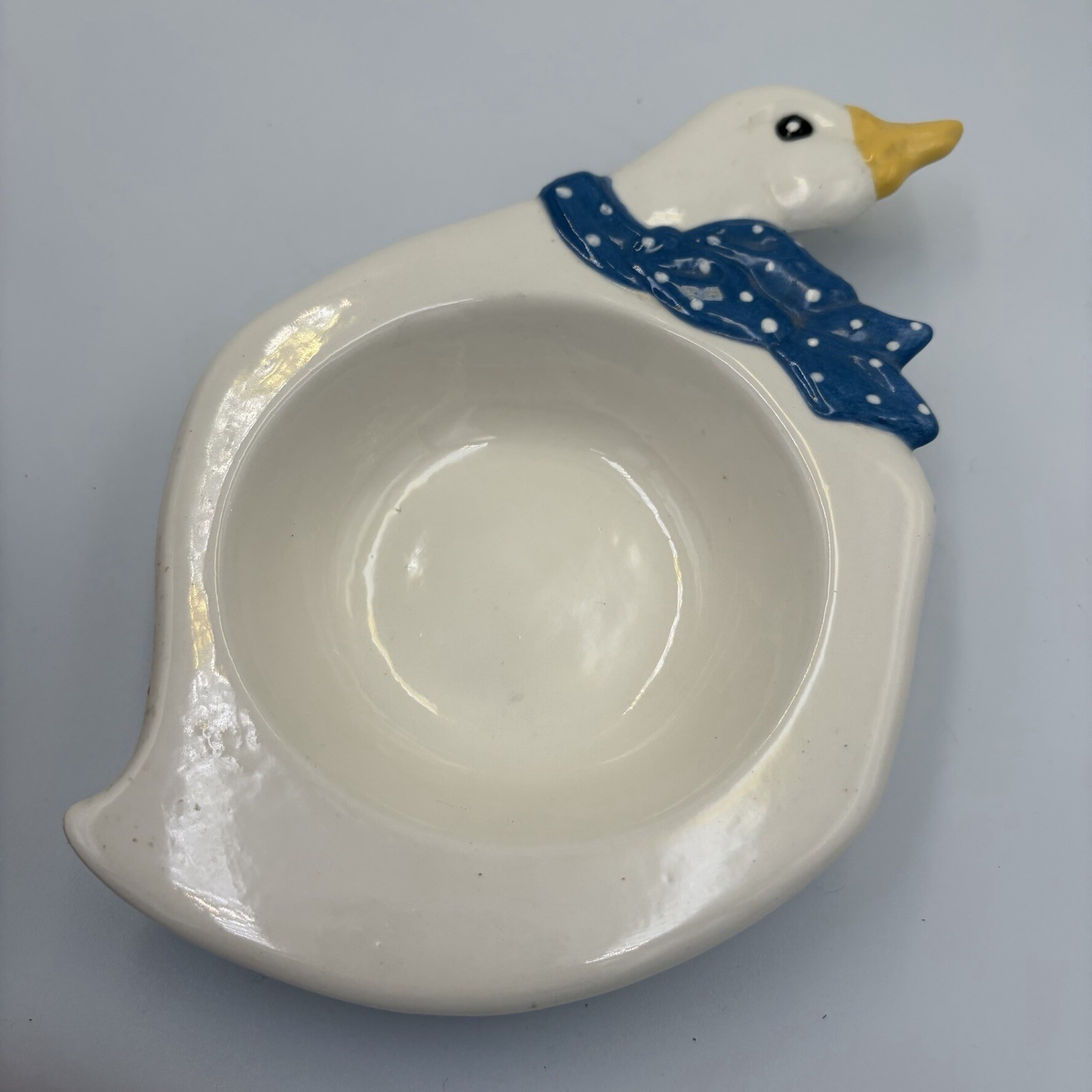 VTG Ceramic Goose Sewing Pin Cushion Dish Blue Bow Country Decor Cottagecore