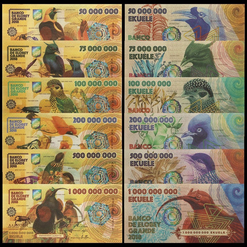 Lot 6pcs Elobey Grande Set 2018 Fantasy Polymer Banknote Paradisaea Raggiana Lot 6pcs Elobey Grande Set 2018 Fantasy Polymer Banknote Paradisaea Raggiana