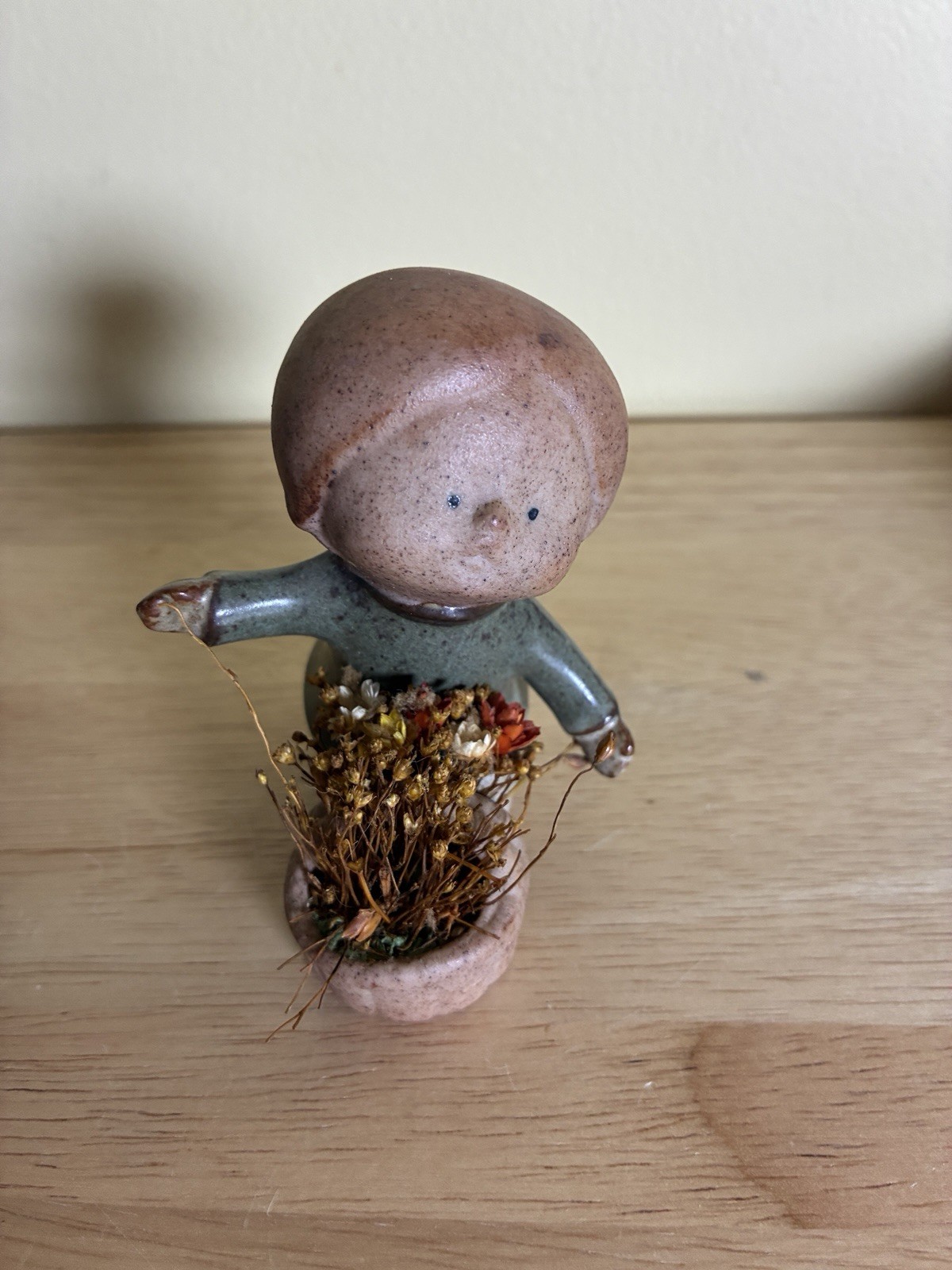 VTG 70s UCTCI Japan Stoneware Child Figurine Basket Dried Flower Holder 3.5” VTG 70s UCTCI Japan Stoneware Child Figurine Basket Dried Flower Holder 3.5”