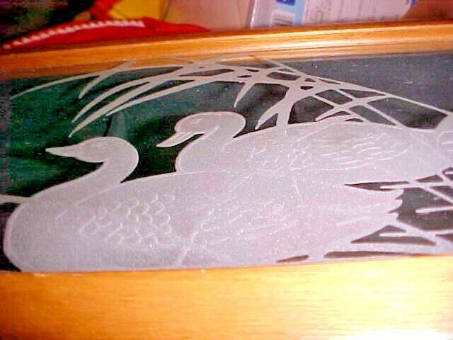 Vintage Wood & Frosted Glass Jewelry  Box. SWANS IN RUSHES DESIGN. 11\