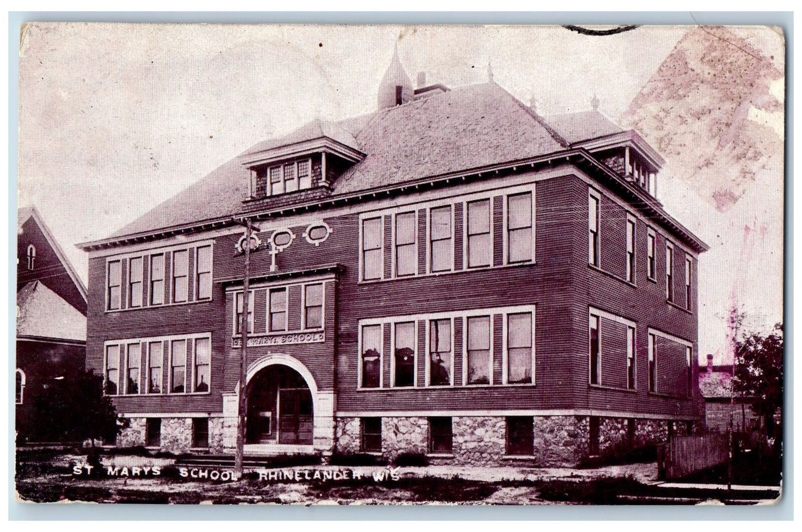1908 St. Mary\'s School Campus Building Entrance Rhinelander Wisconsin Postcard