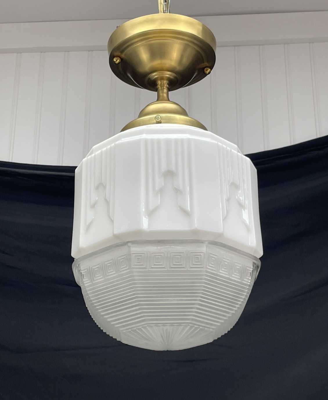 RESTORED Antique Vtg Art Deco Ceiling Light Skyscraper Schoolhouse White & Clear RESTORED Antique Vtg Art Deco Ceiling Light Skyscraper Schoolhouse White & Clear