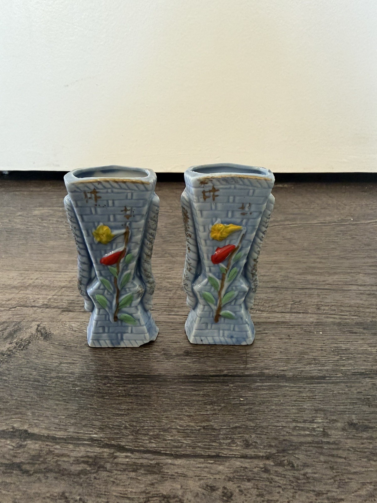 Vintage Set/2 Blue Ceramic Small Vases w/Flowers/Japan Vintage Set/2 Blue Ceramic Small Vases w/Flowers/Japan