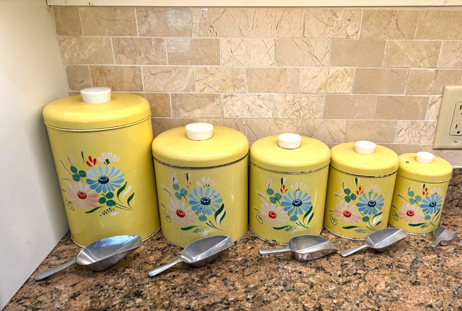 Vtg Canister Set of 5 RARE FIVE Ransburg Yellow Floral Metal w Scoops 1950s Vtg Canister Set of 5 RARE FIVE Ransburg Yellow Floral Metal w Scoops 1950s
