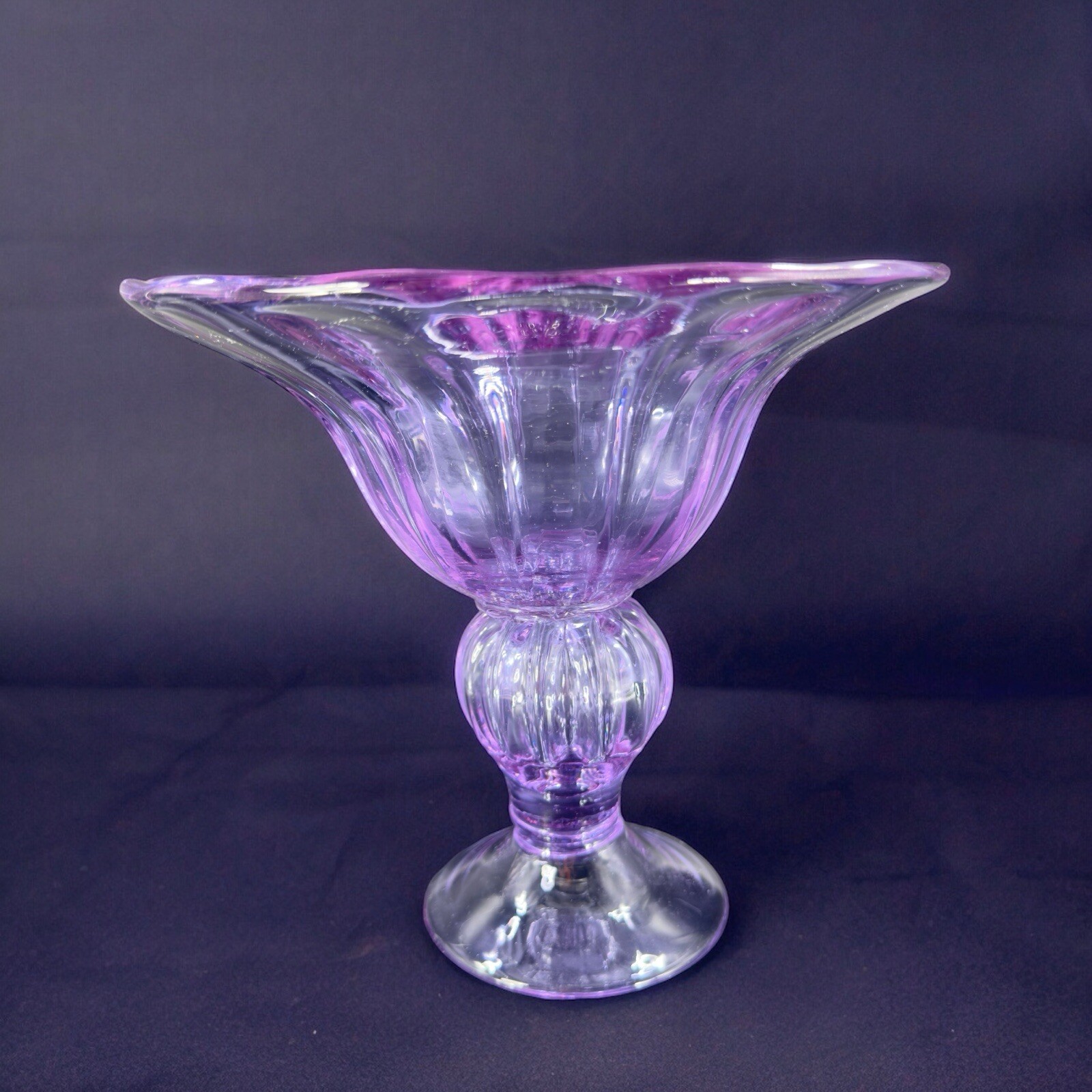 Large Hand Blown Pedestal Bright Purple Lilac Glass Bowl Footed Vase Vintage Large Hand Blown Pedestal Bright Purple Lilac Glass Bowl Footed Vase Vintage