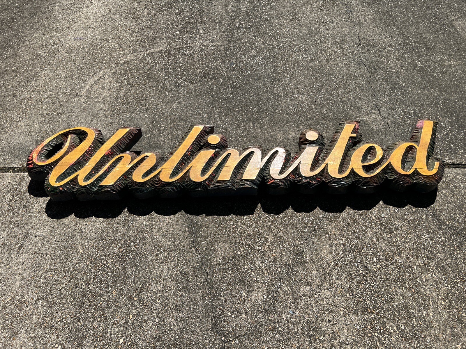 Huge Vintage Hand Carved & Painted Wooden Sign - Unlimited Sign 7’ Advertising Huge Vintage Hand Carved & Painted Wooden Sign - Unlimited Sign 7’ Advertising