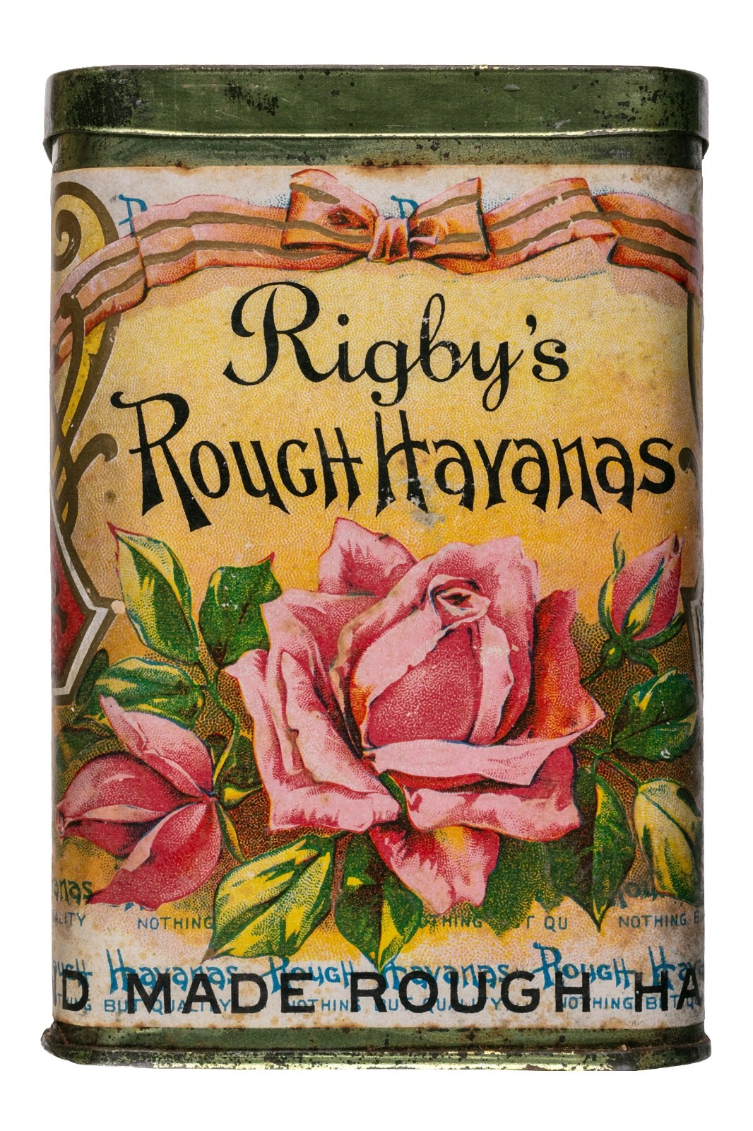 Rare 1910s "Rigby's Rough" paper label humidor 25 cigar tin in very good cond