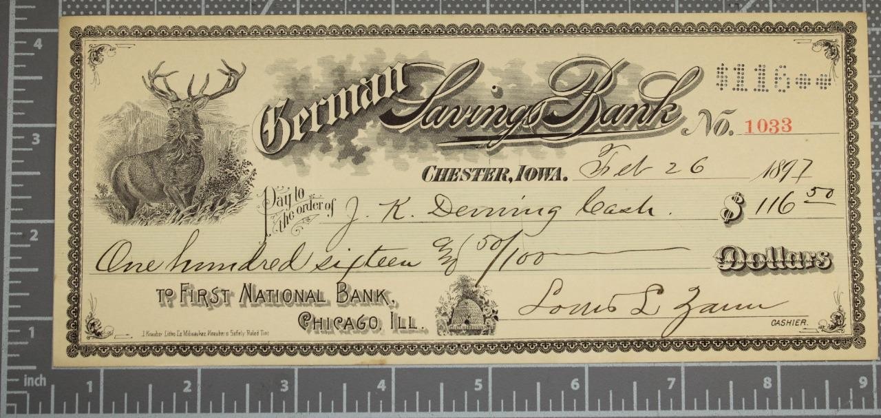 1897 German Savings Bank Check Chester IA Elk & Bee Hive Vignette Bok1-1 1897 German Savings Bank Check Chester IA Elk & Bee Hive Vignette Bok1-1