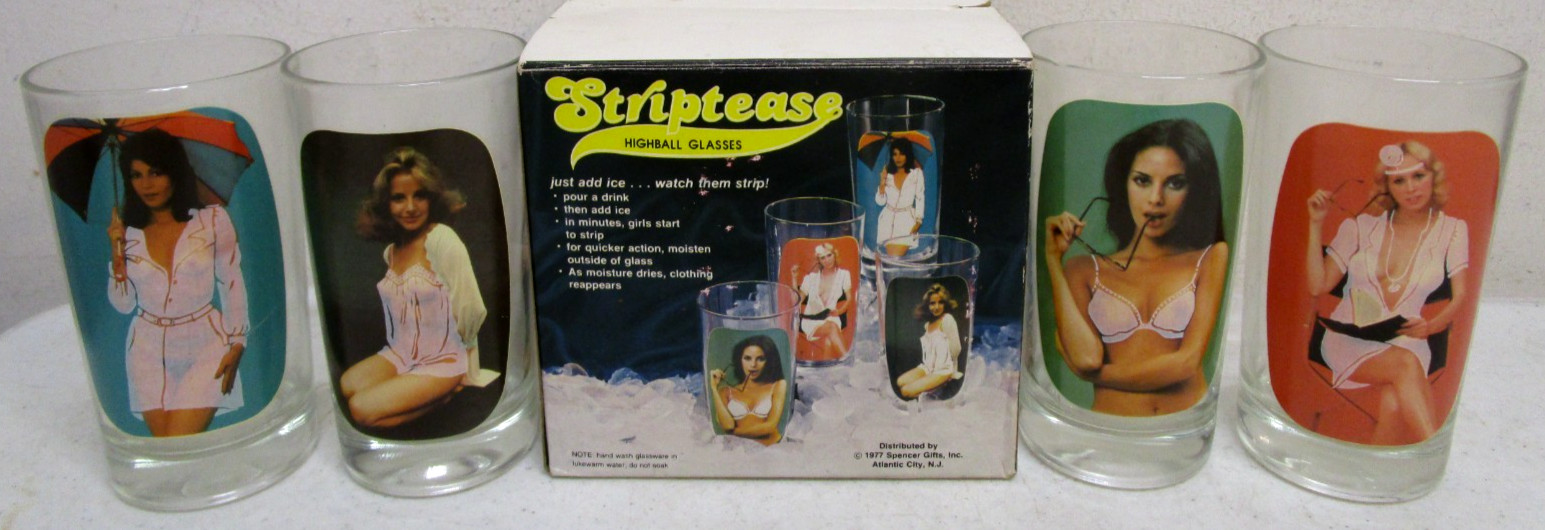 VINTAGE 1977 SPENCER GIFTS STRIPTEASE HIGHBALL GLASSES VINTAGE 1977 SPENCER GIFTS STRIPTEASE HIGHBALL GLASSES