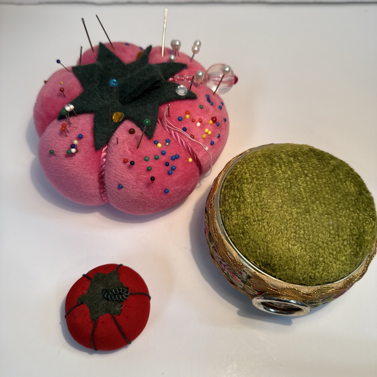 Set 3 Vintage Pin Cushion with pins. 