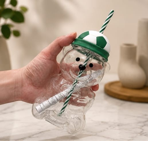 Starbucks FIFA World Cup Bearista Bear Glass Tumbler Soccer Ball Lid Cold Cup