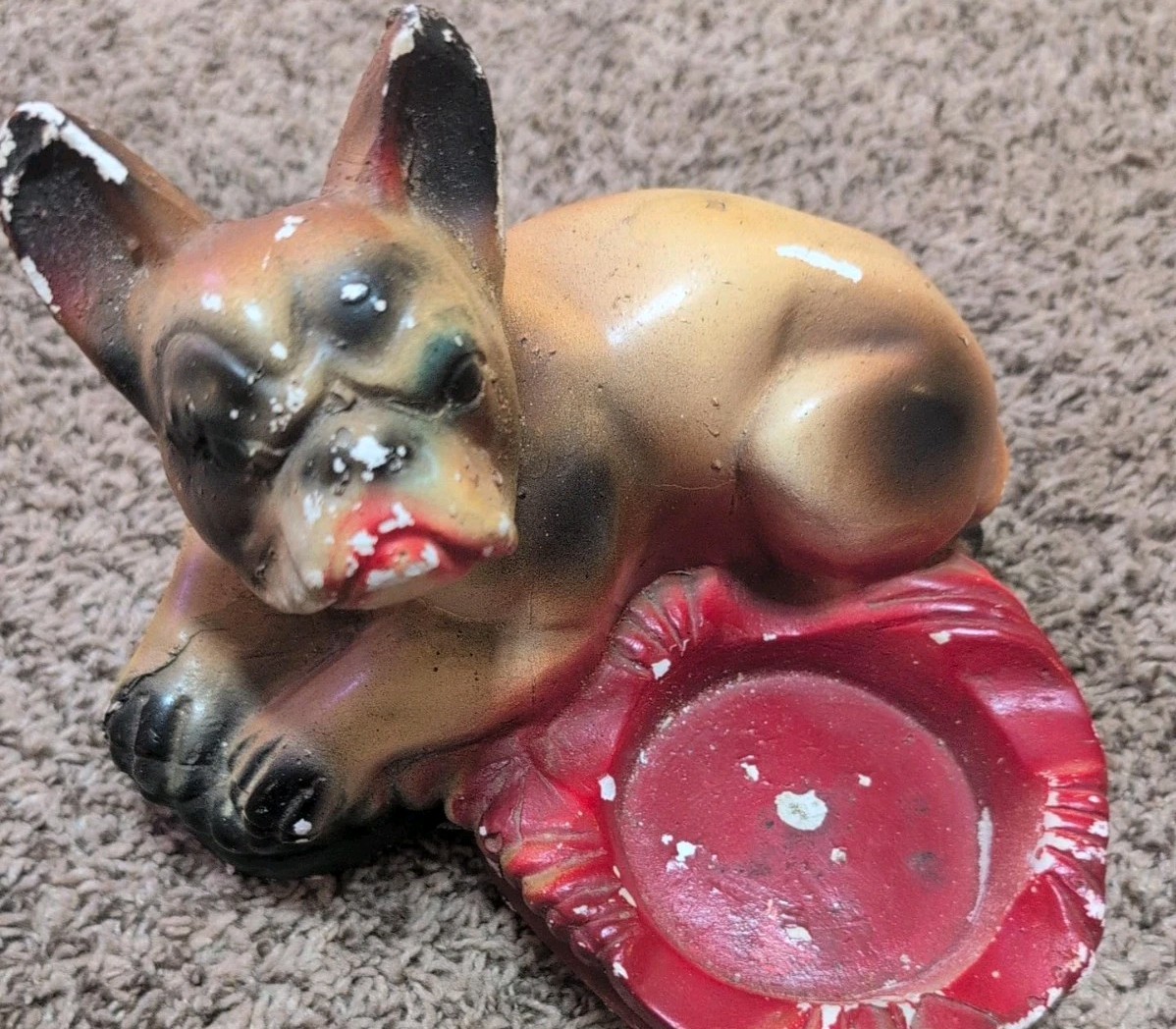 Vintage Chalkware Bulldog Boston Terrier Dog Ashtray Carnival Prize Figurine Vintage Chalkware Bulldog Boston Terrier Dog Ashtray Carnival Prize Figurine
