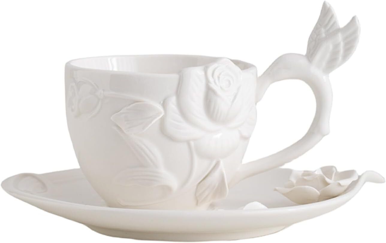 European retro style 3D flower Ceramic Coffee Mug Teacup with Saucer White 