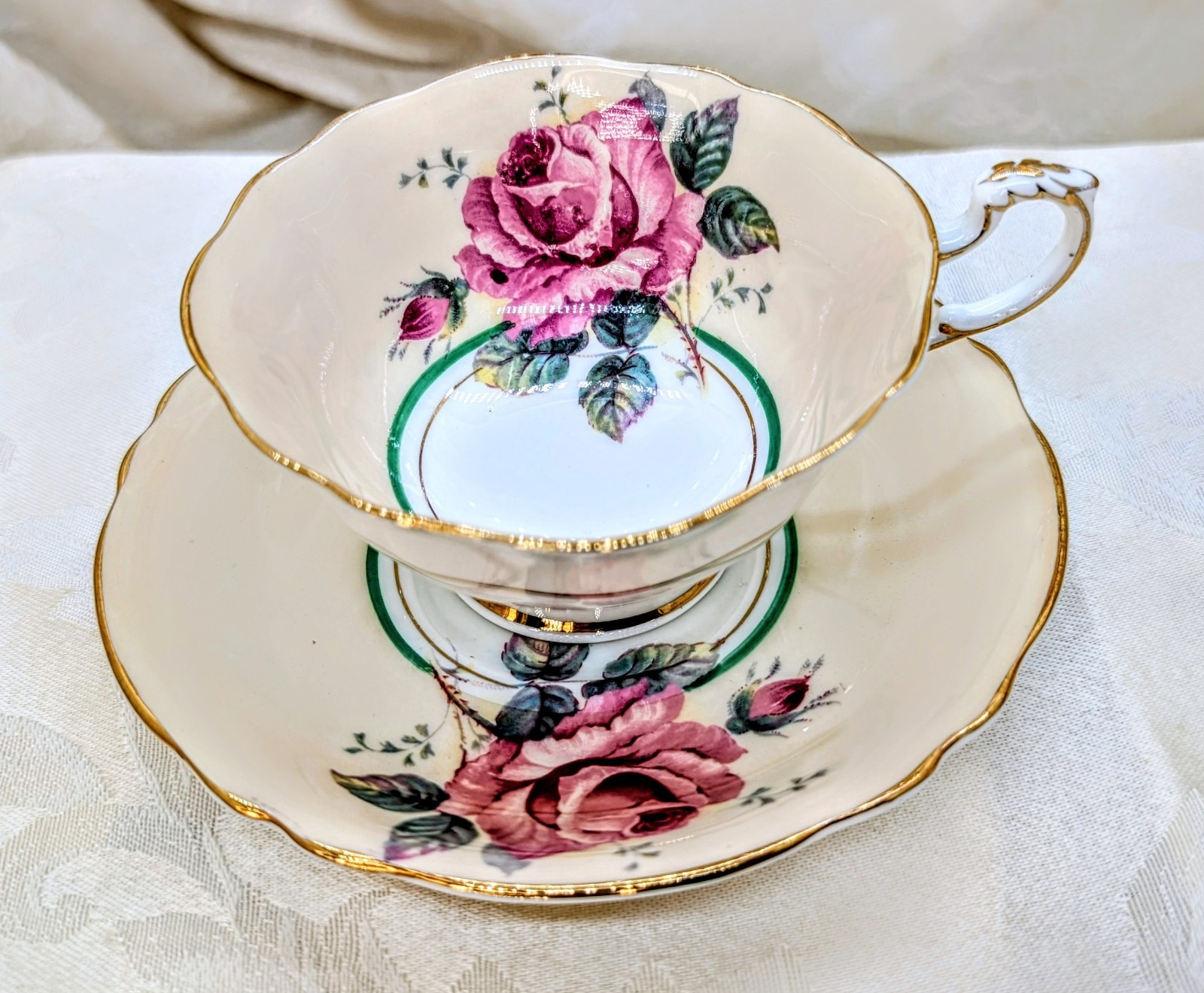 Vintage Double Warrant Paragon Pink Cabbage Roses Teacup Saucer Set Ivory Gold