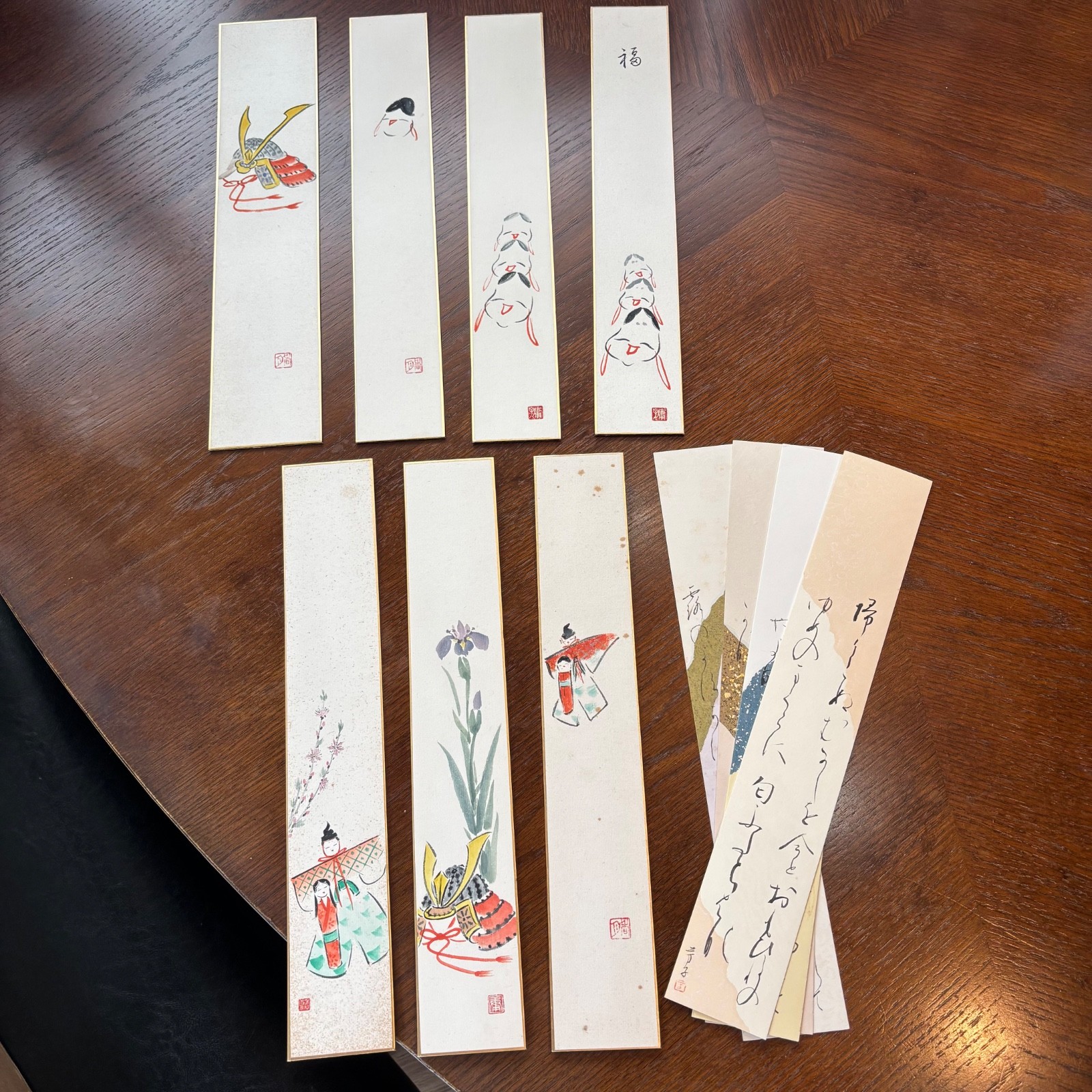 Vintage Japanese Tanzaku Set 11 Hyakunin Isshu Waka Calligraphy Art Signed Vintage Japanese Tanzaku Set 11 Hyakunin Isshu Waka Calligraphy Art Signed
