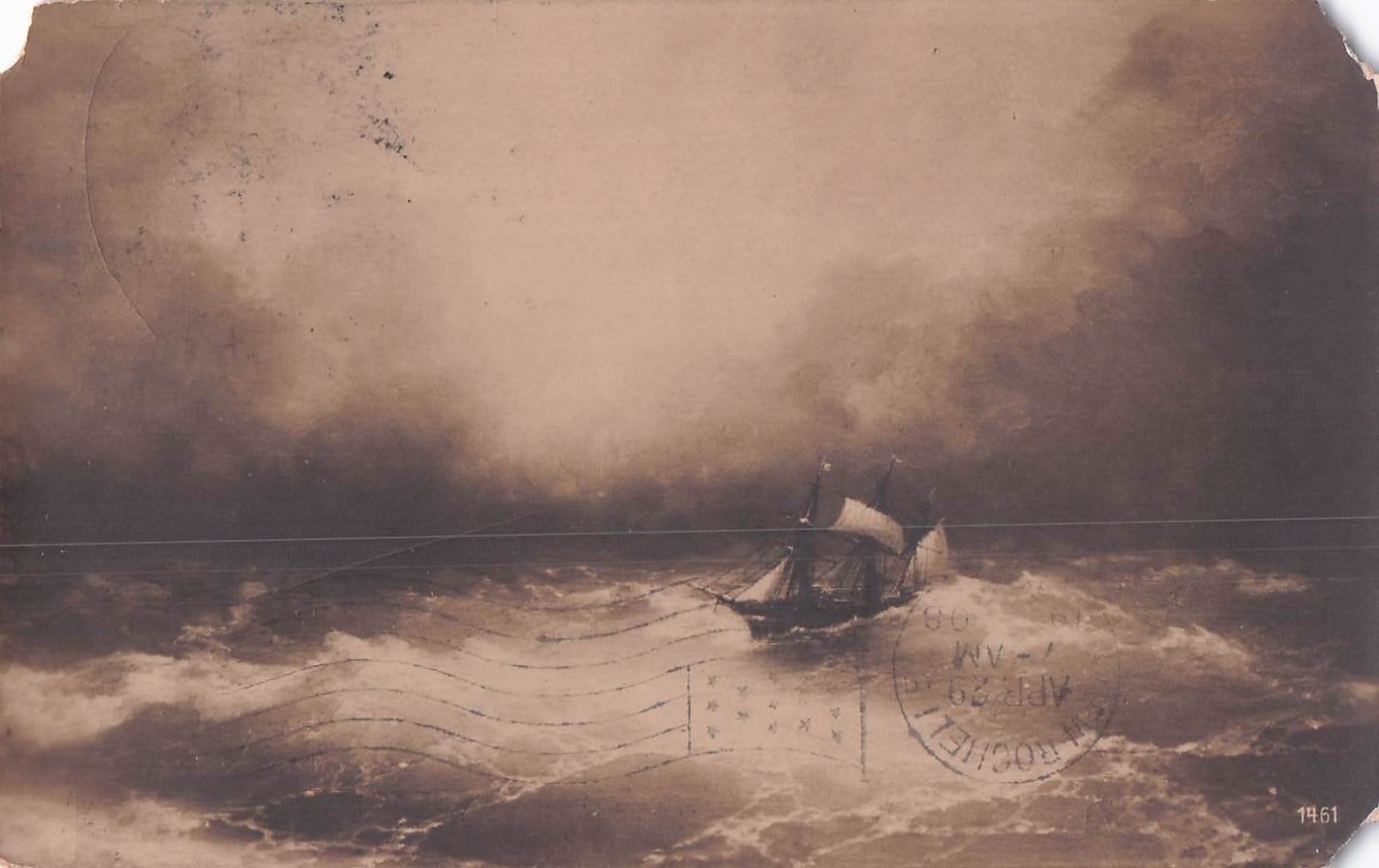 Antique Storm at Sea Ship Postcard 1906 UDB Sepia Sailing Vessel Rough Ocean art