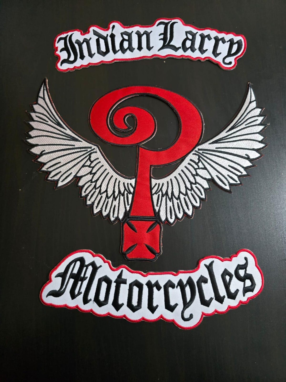 Indian Larry Motorcycles 3pc Back Patch Set Biker Vest Winged Question Mark Logo Indian Larry Motorcycles 3pc Back Patch Set Biker Vest Winged Question Mark Logo