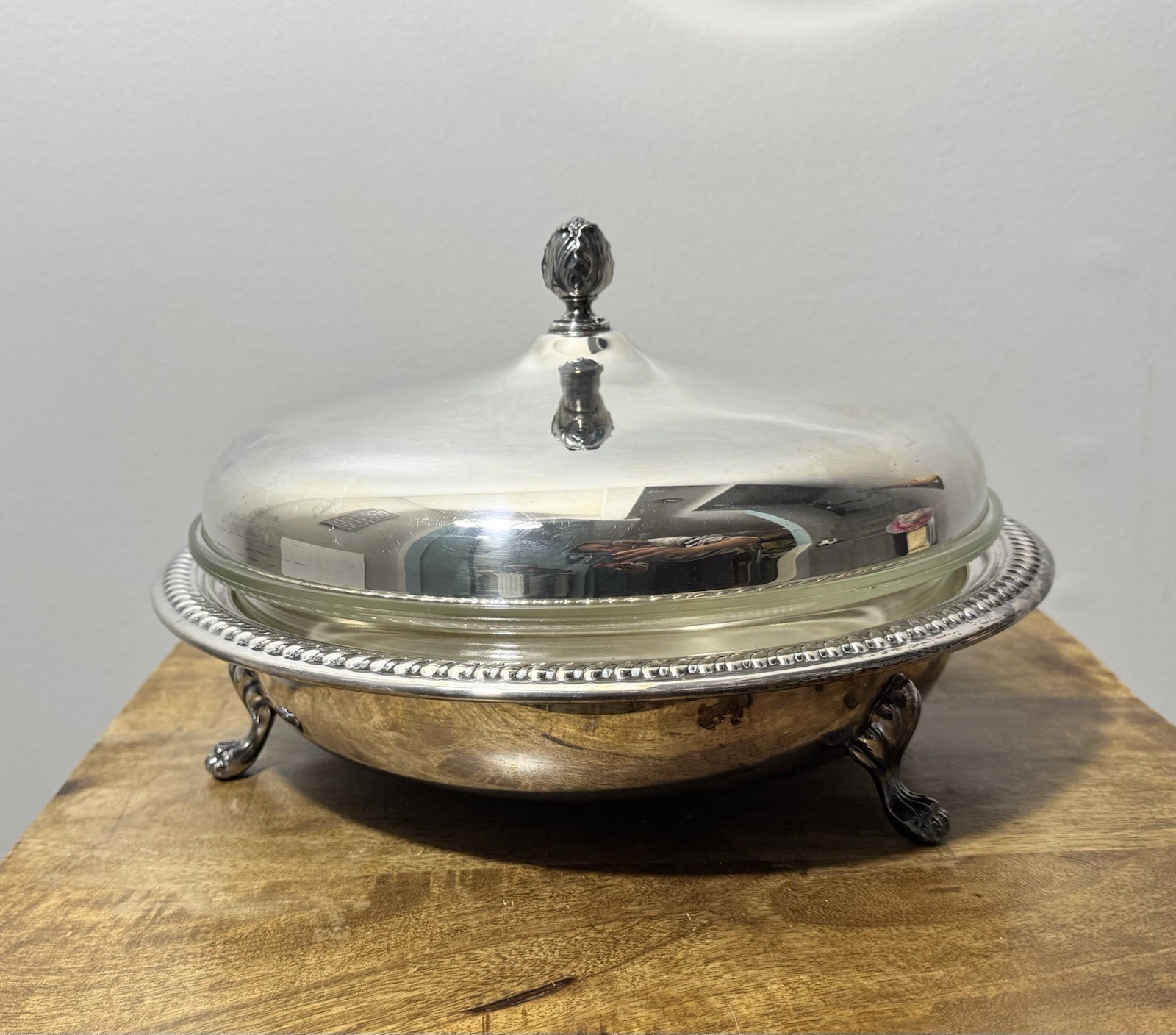 Sheffield Silver Co Silver Plate Covered Serving Dish with Pyrex Glass Insert Sheffield Silver Co Silver Plate Covered Serving Dish with Pyrex Glass Insert