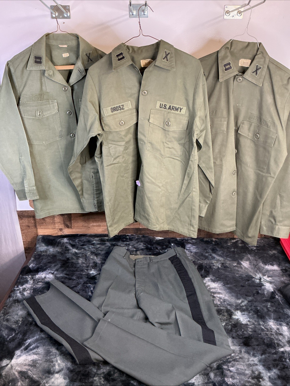 3 Vintage Army Shirts With Captain Patches & 1 Pair of Pants