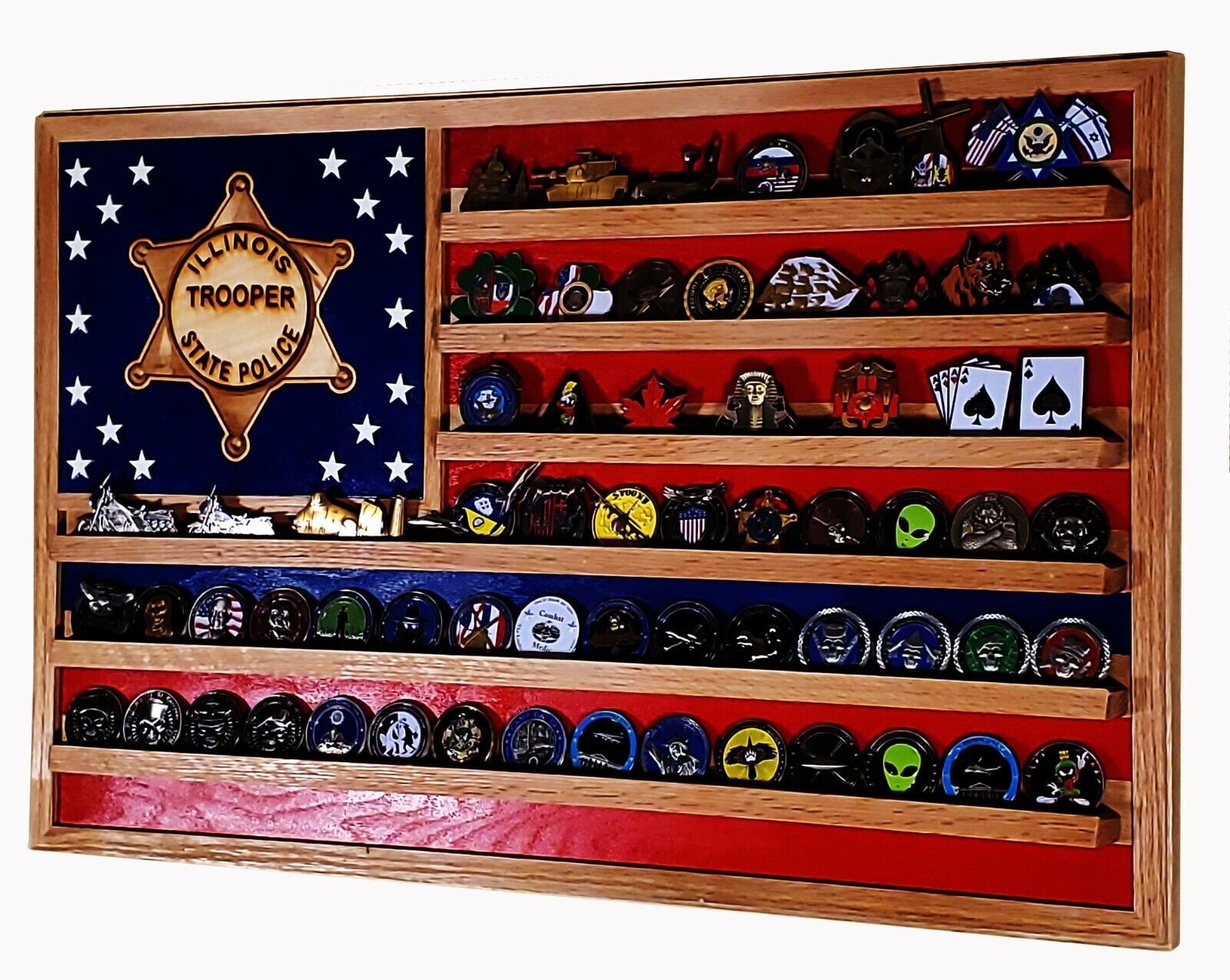 Illinois State Trooper State Police Challenge Coin Display Flag 70+ Coins TRAD