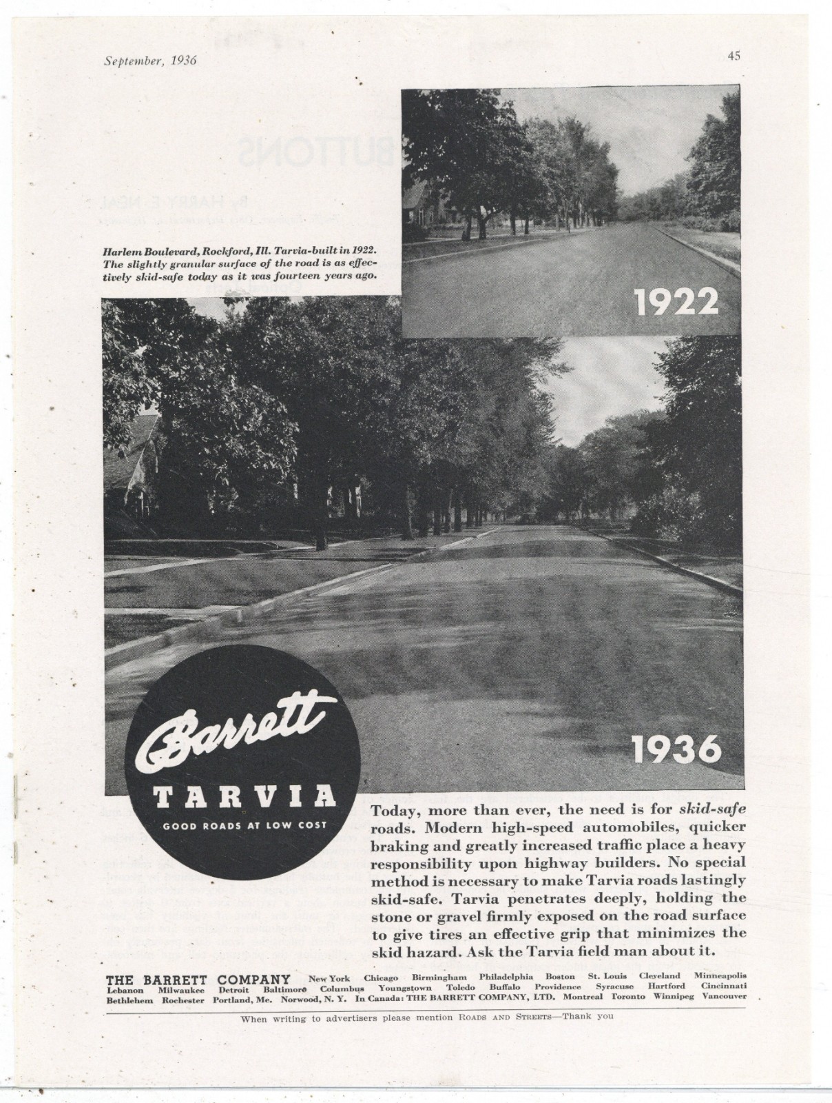1936 Tarvia Ad: Harlem Boulevard Scene - Rockford, Illinois - 1922 & 1936 1936 Tarvia Ad: Harlem Boulevard Scene - Rockford, Illinois - 1922 & 1936