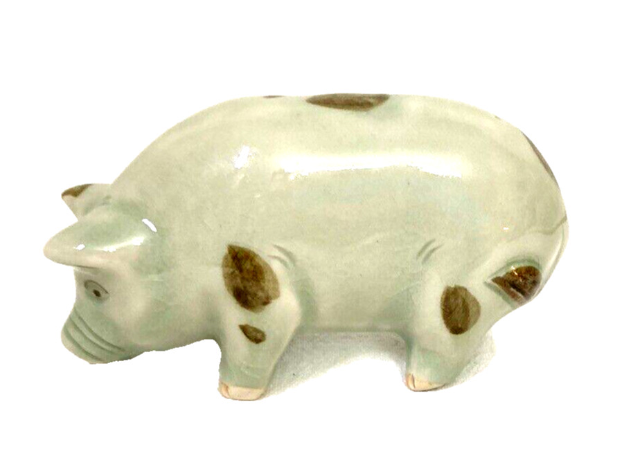 Vtg Ceramic Pig Figurine Bluish Green Brown Spots 4” L Farmhouse Animal Cottage Vtg Ceramic Pig Figurine Bluish Green Brown Spots 4” L Farmhouse Animal Cottage