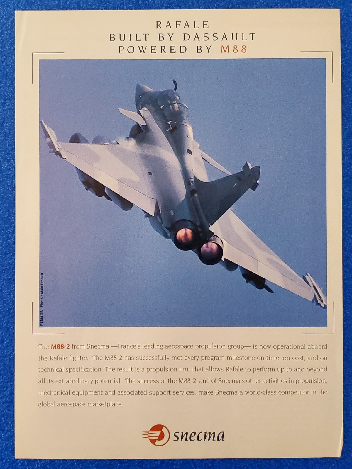 1998 SNECMA M88-2 PROPULSION GROUP FOR FRENCH RAFALE / DASSAULT FIGHTER PRINT AD 1998 SNECMA M88-2 PROPULSION GROUP FOR FRENCH RAFALE / DASSAULT FIGHTER PRINT AD