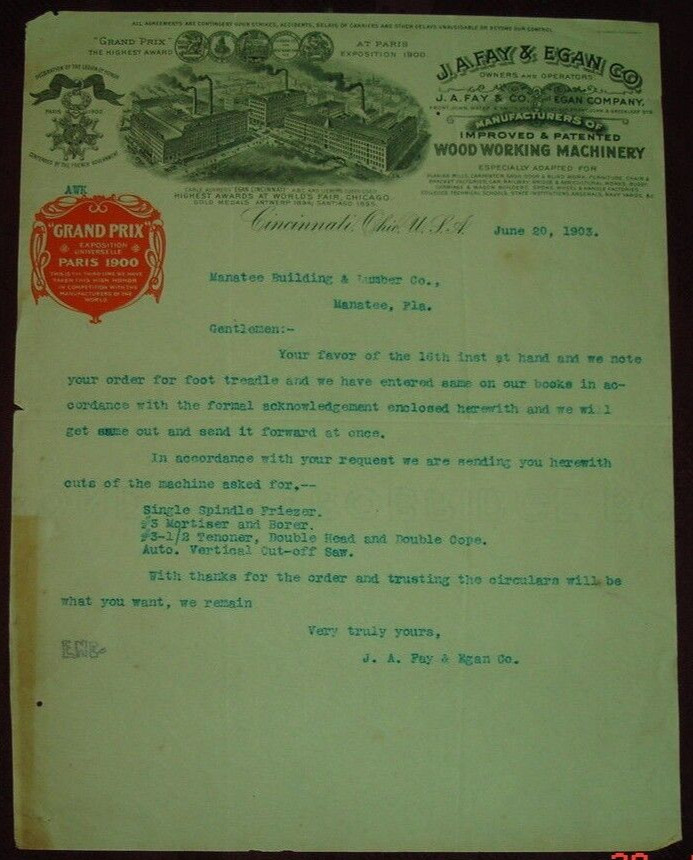 Old 1903 J. A. Fay & Egan Co letterhead w 1900 Paris Expo award Cincinnati OH Old 1903 J. A. Fay & Egan Co letterhead w 1900 Paris Expo award Cincinnati OH